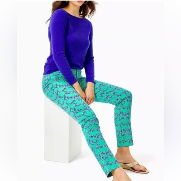 Lilly Pulitzer Kelly Stretch Pants Everglades Green Heebee Zeebees Sz 2 Preppy - Picture 1 of 11